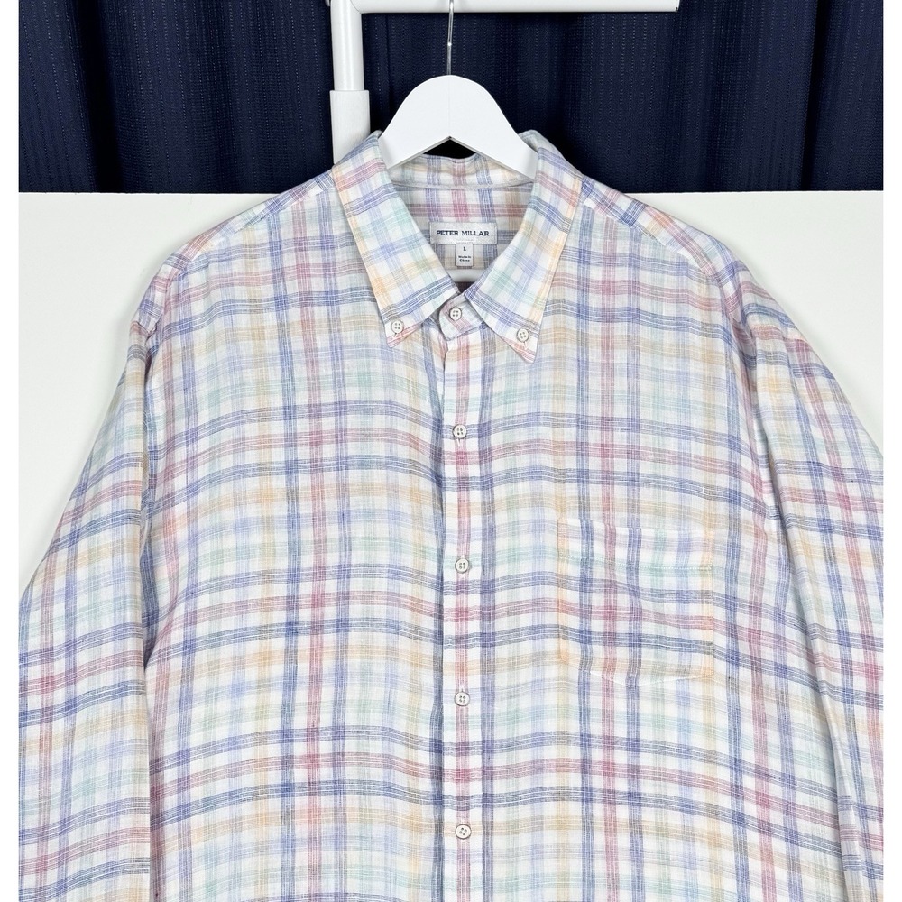 Peter Millar Large Fits XL Multi-Color Plaid Linen Long Sleeve Button Up Shirt